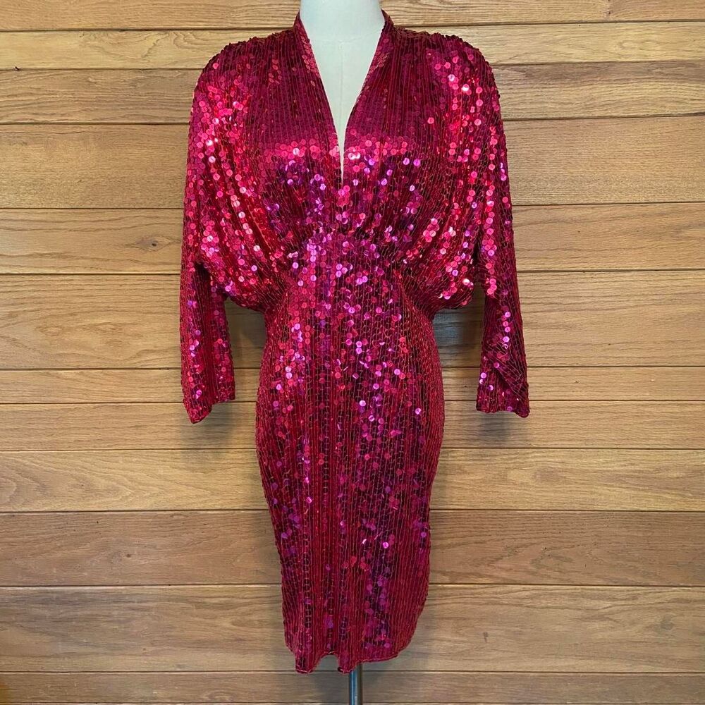Vintage 80s pink sequinned dolman sleeve mini dress